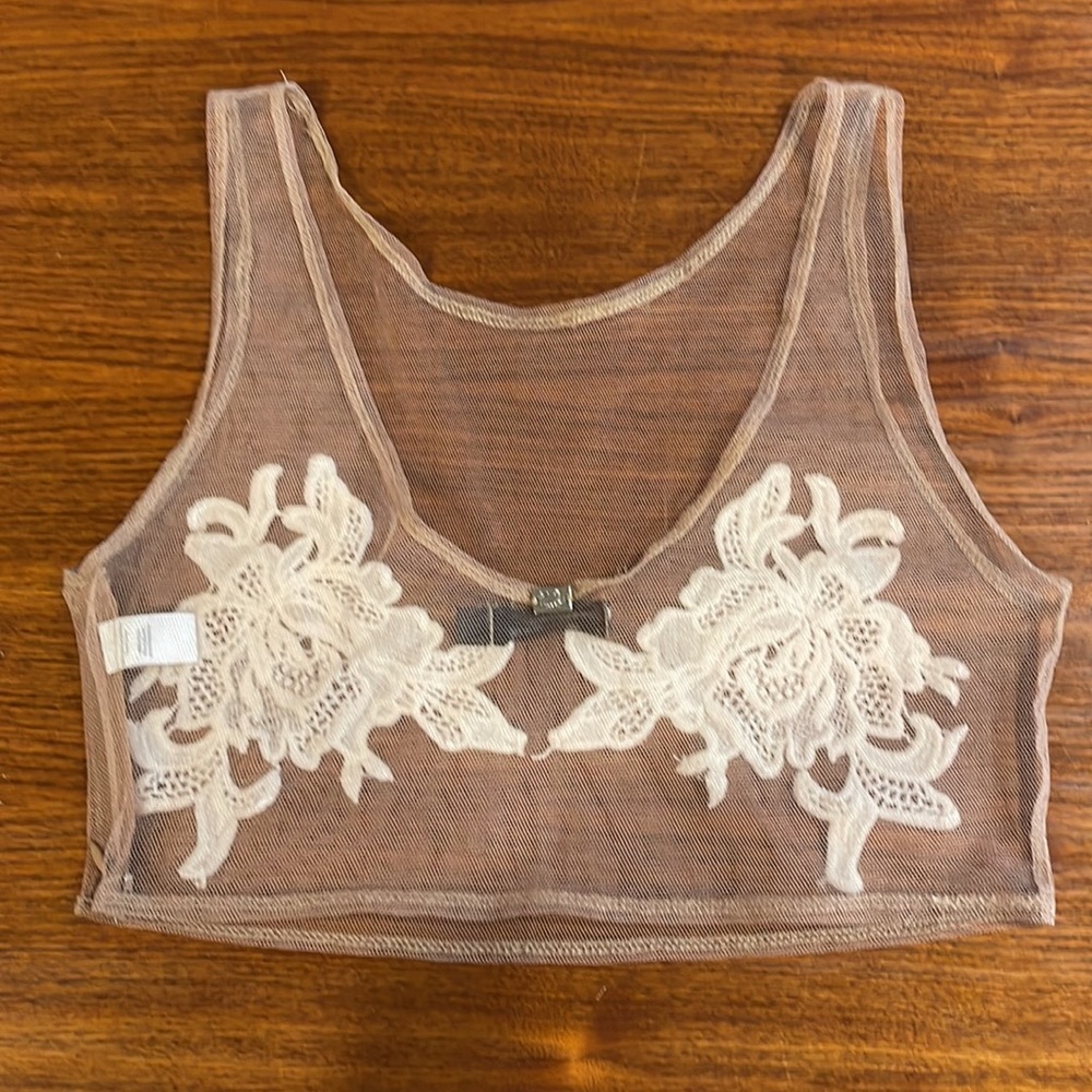 For Love + Lemons Nude Mesh Bralette with White floral appliqués Medium - Picture 2 of 7